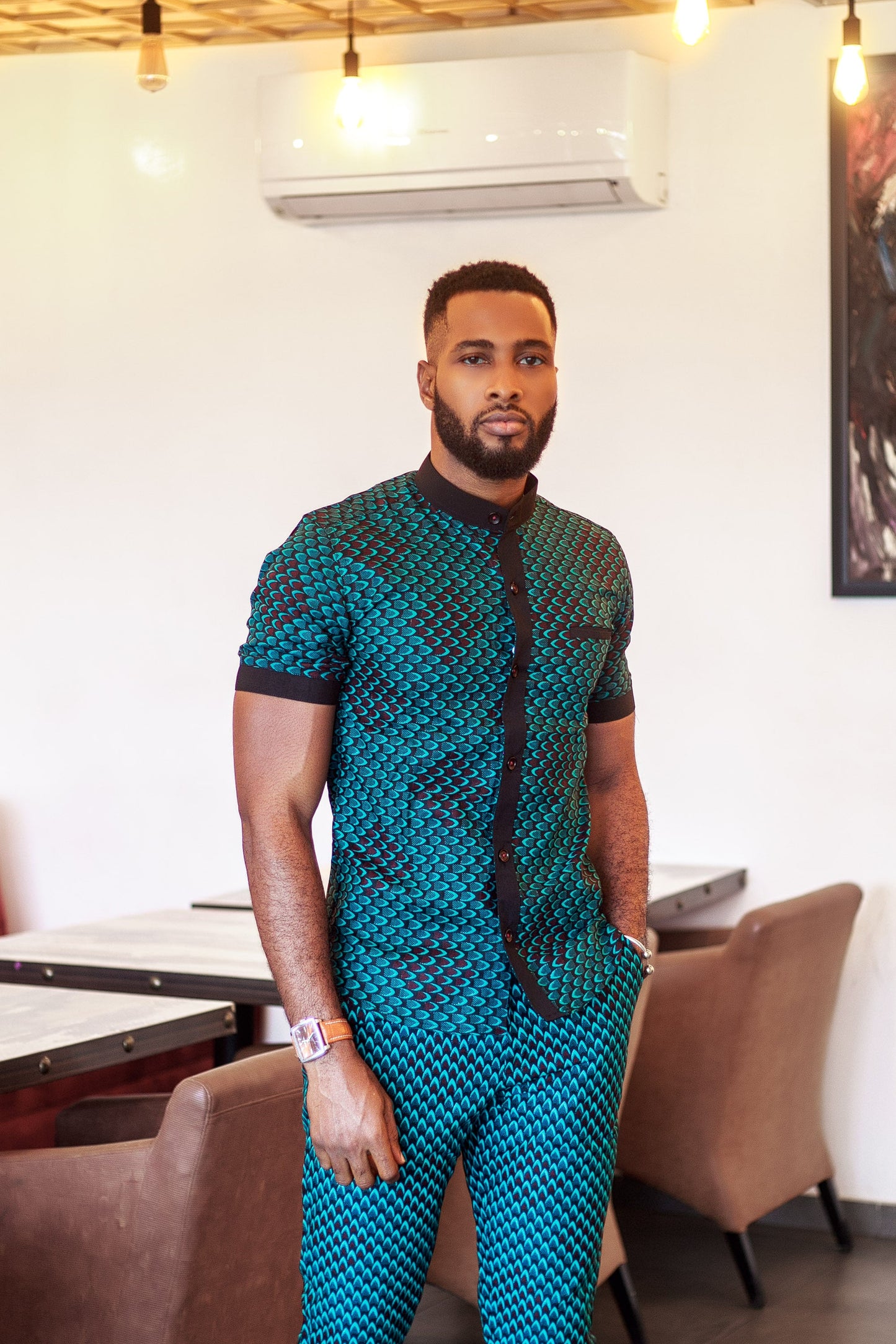 AFRICAN PRINT JAFARI BUTTON UP MANDARIN COLLAR SHIRT SLEEVE SHIRT